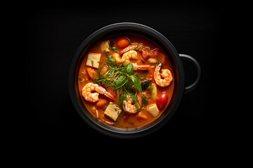 shrimp soup in a black bowl top view
