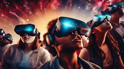 People wearing VR headsets and experiencing a virtual reality concert or live performance,...