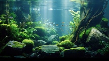 Beautiful green aquascape with live aquarium plants and fish - obrazy, fototapety, plakaty