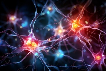 Neuron cells neural network under microscope neuro research science brain signal information transfer human neurology mind mental impulse biology anatomy microbiology intelligence connection system