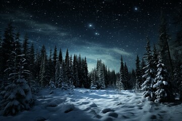 Night with visible sky and trees covered in snow. Generative AI