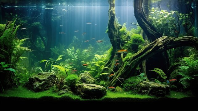 Beautiful green aquascape with live aquarium plants and fish