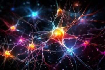 Neuron cells neural network under microscope neuro research science brain signal information transfer human neurology mind mental impulse biology anatomy microbiology intelligence connection system