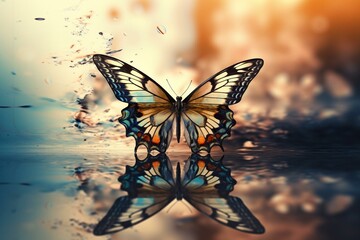 Stunning unique butterfly floating above an abstract scenery. Generative AI