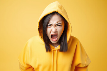 Anger Asian Woman In Yellow Hoodie On Pastel Background . Сoncept Diversity In Fashion Campaigns, Reclamation Of Anger As An Emotion, Asian Representation In Representational Art