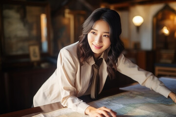 Beautiful Young Asian Woman Cartographer . Сoncept Female Cartographers, Asian Representation, Young Professionals, Gender Equality