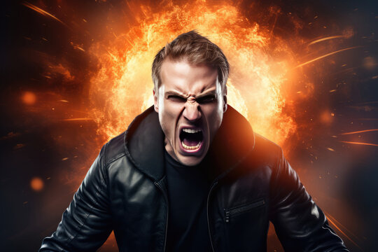 Anger European Man In Black Jacket On Galaxy Stars Background. Сoncept Anger Management, Fashion Black Jacket, The Milky Way Galaxy, Backgrounds And Textures