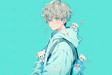 Anime Boy On Pale Turquoise Color Background
