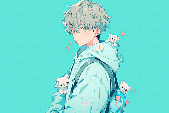 Anime Boy On Pale Turquoise Color Background