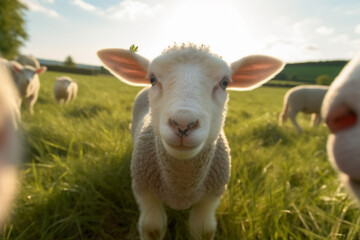 Obraz premium field sun lamb sheep meadow animal farm green grass wool. Generative AI.