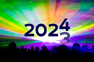Turn of the year 2023 2024 colorful laser show party. Luxury entertainment with people crowd audience silhouettes at new year celebration. Premium nightlife event at holidays season time - 648505050