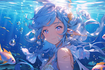 Obraz na płótnie Canvas Mythical Mermaid Anime Girl In An Underwater Kingdom