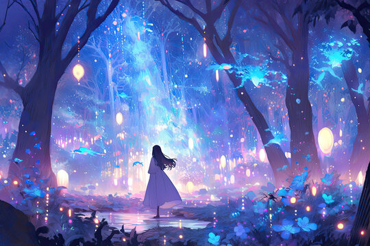 Dreamy Anime Girl In Enchanted Forest