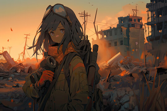 Postapocalyptic Survivor Anime Girl Scavenging In A Wasteland
