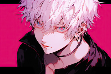 Anime Man With White Hair On Pink Background