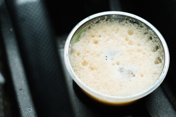 Pattern of vinCoffee cup from top, amazing modern style of coffee serving in cartage rattan chair seat , texture of bamboo