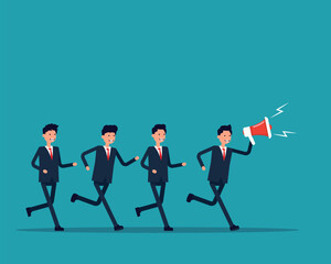 Leader running and shouting with megaphone with a group of follower behind. Marketing vector style