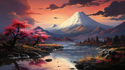 綺麗な秋の富士山、水彩画、Beautiful autumn Mt. Fuji, watercolor painting(AI)