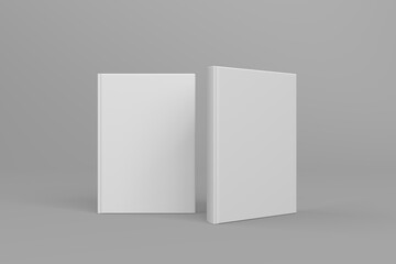 Realistic 3D book mockup illustration with 2 hard covers. Book model standing upright on isolated gray background with shadow. 2 hardcover books. Ready for you to present your design.