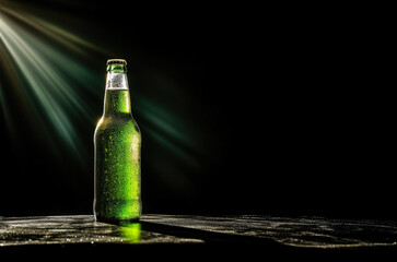 Green bottle of cold beer on wooden table without a label, empty space in a moody environment