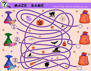 Logic game for children with halloween maze. Vector illustration.
