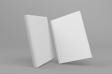 Realistic 3D book mockup illustration with 2 hard covers. Book model standing upright on isolated gray background with shadow. 2 hardcover books. Ready for you to present your design.