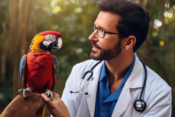 Front view of male veterinarian observing parrot. - obrazy, fototapety, plakaty