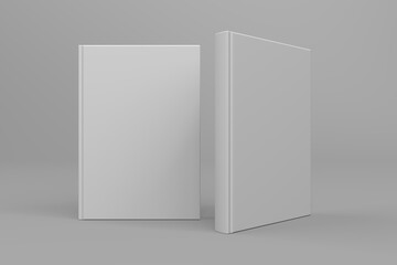 Realistic 3D book mockup illustration with 2 hard covers. Book model standing upright on isolated gray background with shadow. 2 hardcover books. Ready for you to present your design. © ZMD-Design