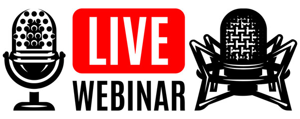 Set of elements for live webinar button design with microphones. Vector illustration on the topic of online learning