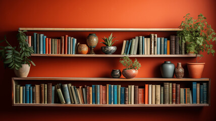 background image: an empty bookshelf. behind it is a warm-toned wall. it looks expensive and has depth of field
