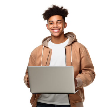 Young happy cool African American teenager student boy holding laptop using computer technology advertising Elearning remote education and online webinars isolated on white background2