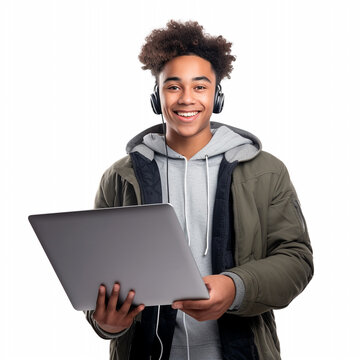 Young happy cool African American teenager student boy holding laptop using computer technology advertising Elearning remote education and online webinars isolated on white background2