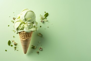 Delicious ice cream on a pistachio backdrop with green syrup. Copy space available for creative design. Generative AI