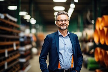 Smiling male managing director standing with hands in pockets in the warehouse. - obrazy, fototapety, plakaty