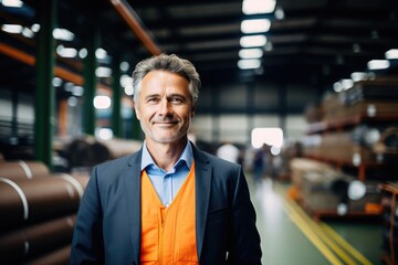 Smiling male managing director standing with hands in pockets in the warehouse.