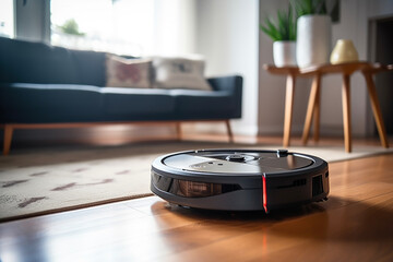 Close up view of automatic vacuum cleaner on flooring of modern living room in background of...