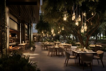 Contemporary upscale eatery in an al fresco ambiance. Generative AI