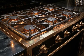 Kitchen gas stove with burners and oven. Generative AI