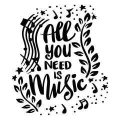 All you need music, hand lettering. Poster motivational quote.