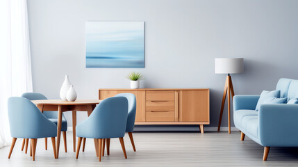 Soft blue scandinavian modern living room interior design. Generative AI