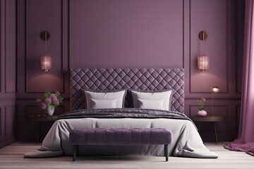 Luxurious plum violet colors in an interior design room with lilac pastel tone painted walls and bed. Dark room with a deep rich trend material mockup background for art in a modern. Generative AI