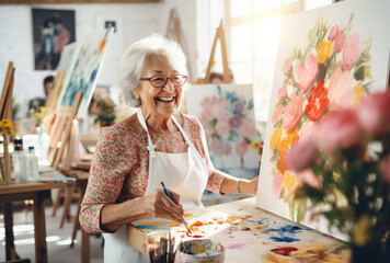 senior women artist in a painting studio - obrazy, fototapety, plakaty