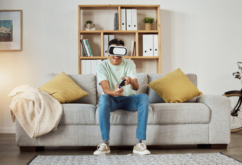 Virtual reality glasses, relax and man with game, controller and connection with software, smile or...