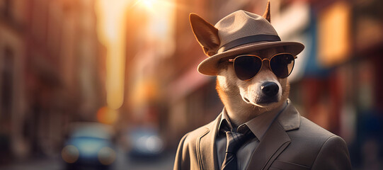 a  Labrador Retriever wearing sunglasses and a hat in a business suit in a street. Bokeh effect background