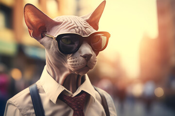 Sphynx cat breed wearing sunglasses a hat and a business suit in a busy street. Bokeh background. Close up