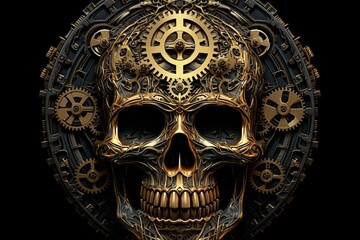 Detailed steampunk skull with gears, against a dark backdrop. Generative AI - obrazy, fototapety, plakaty