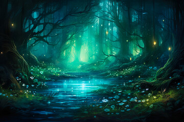 Enchanting forest scene illuminated by a mystical emerald light. Fairy tale outdoor background - obrazy, fototapety, plakaty