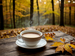 Naklejka na ściany i meble cup of coffee with milk over autumn leaves