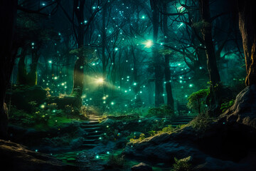 Enchanting forest scene illuminated by a mystical emerald light. Fairy tale outdoor background