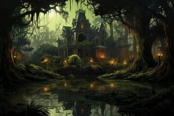 Illustration depicting a spooky Victorian mansion surrounded by a swampy bayou marsh. Generative AI - obrazy, fototapety, plakaty